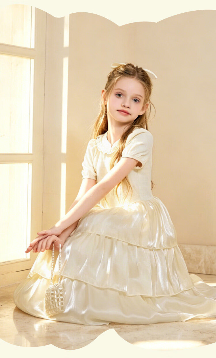 CHANZUIGOU Girls Mousse Cake Princess Dress 26 Summer New Children's Waterdrop Button Mid-Length Satin Dress 16
